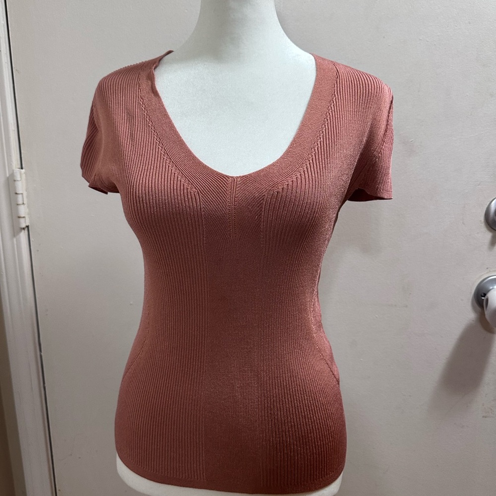 White House Black Market Pink Fitted Ribbed Cap Sleeve Tee